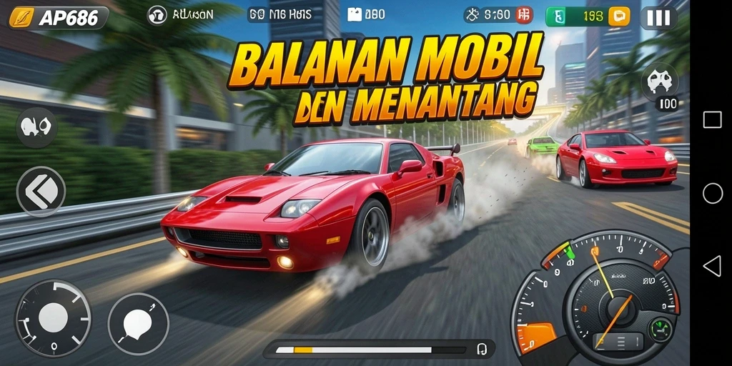 Gameplay seru dari AP686 dengan mobil balap cepat dan lintasan menantang.
