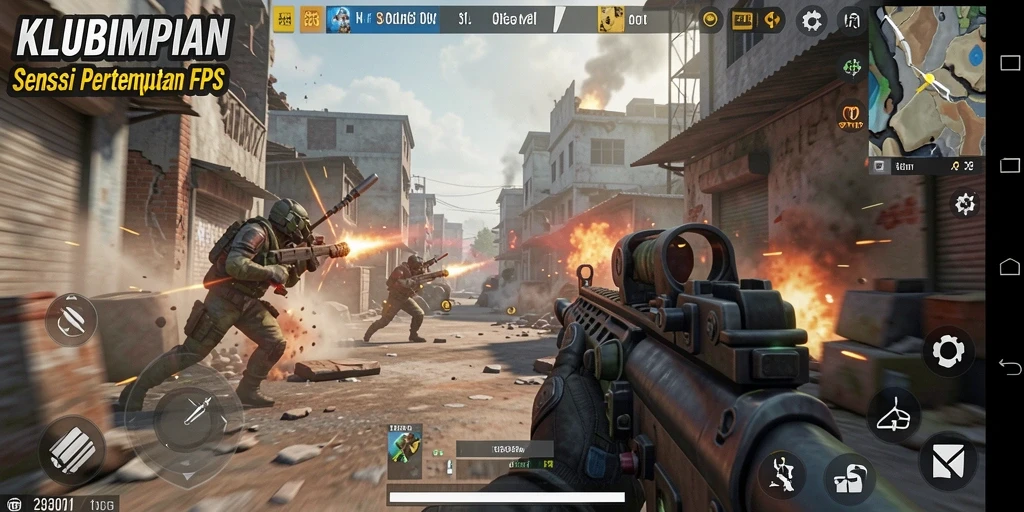 Tampilan gameplay KLUBIMPIAN menampilkan pertempuran FPS yang intens.
