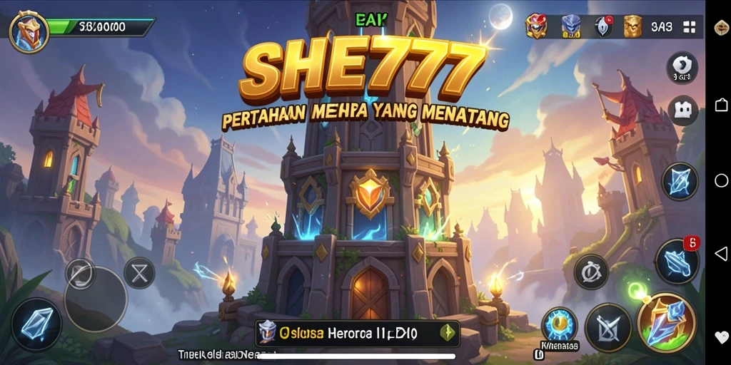 Screenshot gameplay SHE777 yang menunjukkan aksi menara pertahanan.