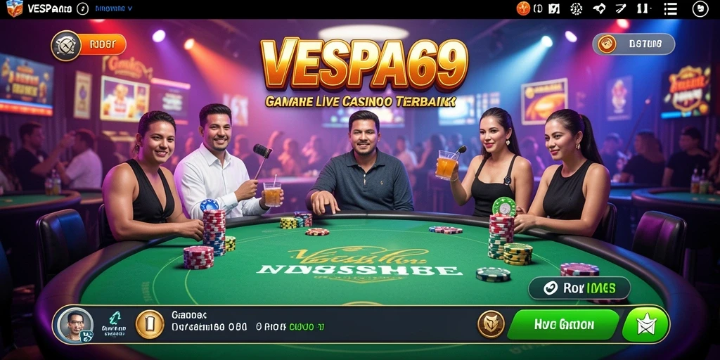 Screenshot gameplay VESPA69 menampilkan dealer langsung dan suasana kasino yang mendebarkan.