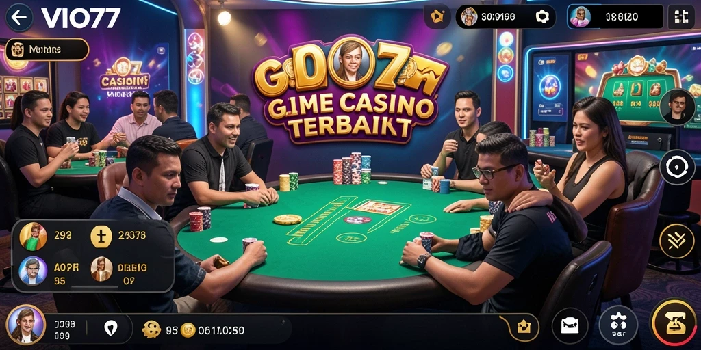 Screenshot gameplay VIO77 menunjukkan dealer cantik dan pemain aktif.